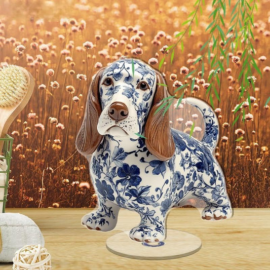 YLUYINOM 2D Flat Acrylic Display Plaque, Detailed Basset Hound Figurine with Blue Floral Patterns Featuring Realistic Facial Features and Glossy Finish. Rotatable, with Base - color: Picture 18