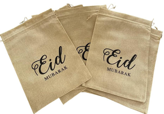 Islamic Holiday Decor 8 Eid Mubarak Favor Bags - Burlap Treat Bag Calligraphy Design for Ramadan Eid Celebrations, Home Decoratives for Festival, Muslim New Year, Hajj, Dinner, Kitchenware - (13.5x10 Inches)