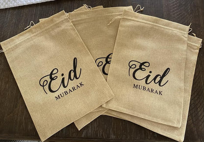 Islamic Holiday Decor 8 Eid Mubarak Favor Bags - Burlap Treat Bag Calligraphy Design for Ramadan Eid Celebrations, Home Decoratives for Festival, Muslim New Year, Hajj, Dinner, Kitchenware - (13.5x10 Inches)
