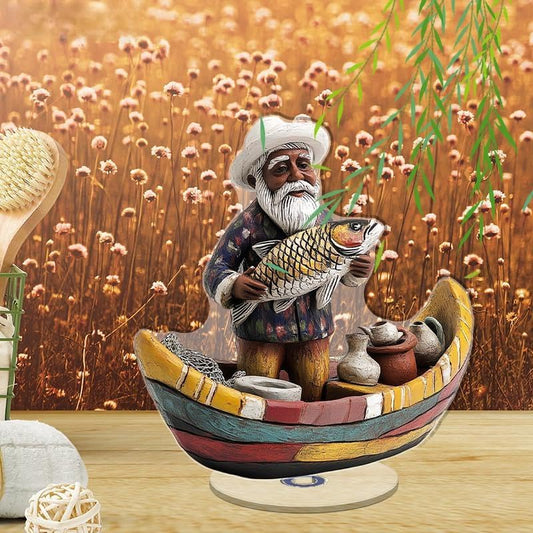 YLUYINOM 2D Flat Acrylic Display Plaque, Elderly Man Figurine in A Boat Proudly Holding A Fish with Fishing Tools Around. Rotatable, with Base - color: Picture 25