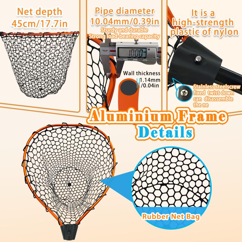 Telescoping Metal Lock Fishing Net Blue Aluminum Alloy Rubber Fish Net - Adjustable Length Lightweight Foldable Large Fishing Net with Handle Collapsible Extendable Fishing Accessories - color: Orange:3-section pole|length:63.7"