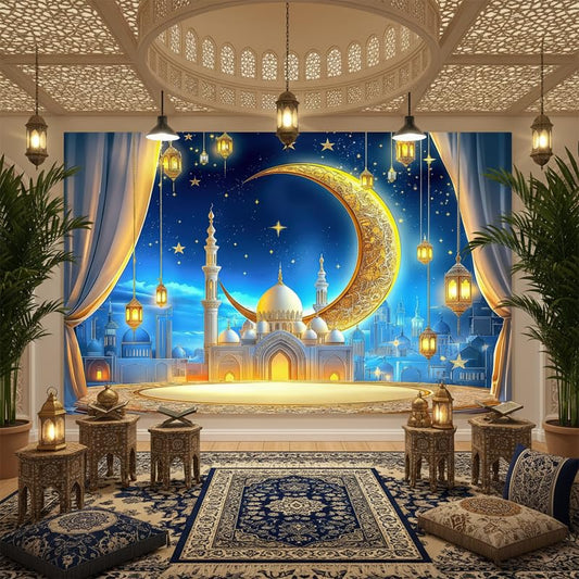 JAWO 7X5ft Ramadan Eid Mubarak Backdrop Banner, Ramadan Mubarak Photography Backdrop Night Lantern Moon Star Castle Islamic Muslim Eid Party Decoration Supplies Banner Photo Booth Prop