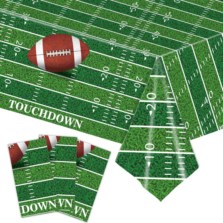 Kesfey Football Tablecloth Green Football Field Touchdown Tablecover 3 Pack | 54 x 108 Inch,Disposable Rectangle Waterproof Plastic,Rugby Football Themed Birthday Table Cloth, Gameday Tailgate, Superbowl - color: Green Football
