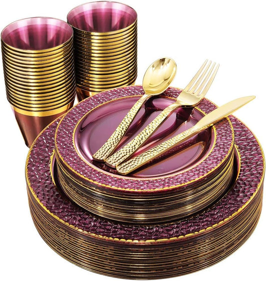 Nervure 150PCS Clear Purple Plastic Plate with Gold Hammered Silverware Set - color: Clear Purple