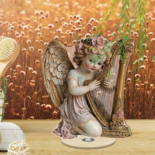 YLUYINOM 2D Flat Acrylic Display Plaque, Delicate Cherub with Golden Wings Playing A Harp Adorned with Pink Roses and Intricate Details. Rotatable, with Base - color: Picture 17