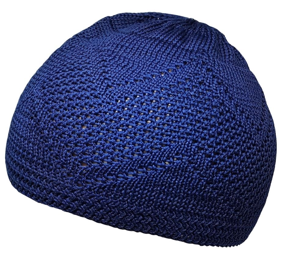 Set 2 Pieces Muslim Skull Cap Beanie AMN-341 Islam Prayer Crochet Takke Kufi Hat Eid Ramadan Gift - color: Brown & Dark Blue, size: Small
