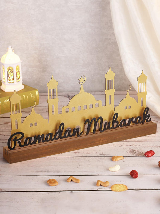 Enlarged 15.7in Ramadan Table Sign - Metal Eid Mubarak Tabletop Decorations, Muslim Golden Palace Dinner Ornaments for Islamic Gifts Parties Home Kitchen, Black Letters - style: Black Letters