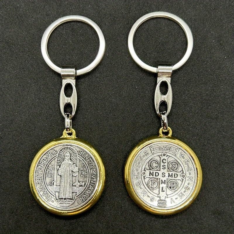 2pcs SaintBenedict Medallion Keychain Catholic SanBenito Pendant KeyRing Jesus Religious MetalJewelry Accessories for BagGift - color: Golden Silver