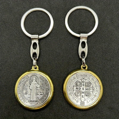 2pcs SaintBenedict Medallion Keychain Catholic SanBenito Pendant KeyRing Jesus Religious MetalJewelry Accessories for BagGift - color: Golden Silver