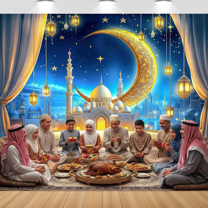 JAWO 7X5ft Ramadan Eid Mubarak Backdrop Banner, Ramadan Mubarak Photography Backdrop Night Lantern Moon Star Castle Islamic Muslim Eid Party Decoration Supplies Banner Photo Booth Prop