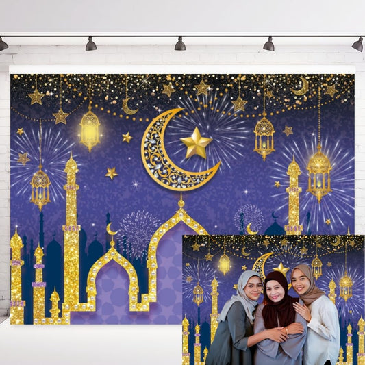 INRUI Purple Gold Eid Mubarak Ramadan Photography Backdrop 7x5FT - color: Purple, size: 7x5FT