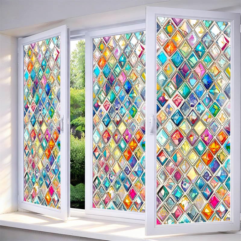 Window Privacy Film Vibrant Diamond Stained Glass Window Film Decorative - color: Mini Diamond Mosaic