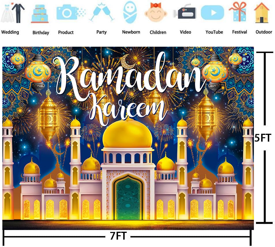Ramadan Kareem Backdrop Banner Ramadan Mubarak Decorations Backdrop Eid Mubarak Photography Background for Muslim Al Fitr Party Decor Supplies (7x5FT（210x150cm）)