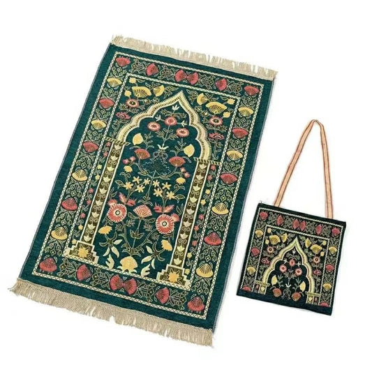 Green 2'4" x 3'7" Square Muslim Prayer Rug, with Elegant Design Bags, Soft, Non-Slip, Stable, Perfect for Prayer, Ramadan, Eid al Fitr, Gift