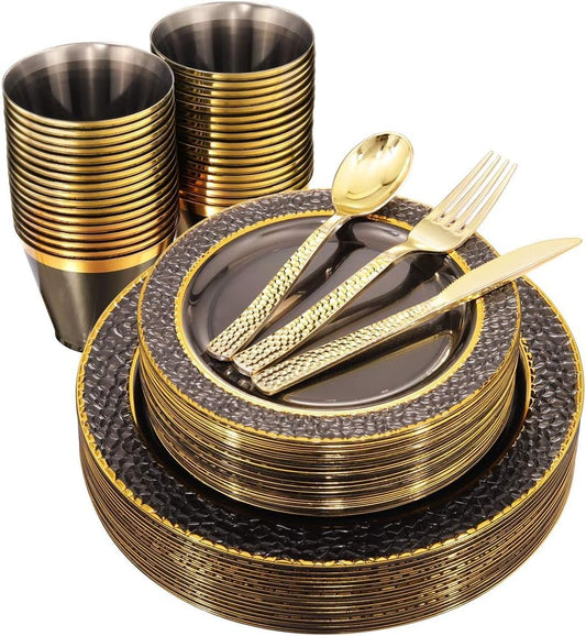 Nervure 150PCS Clear Black Plastic Plates with Gold Hammered Silverware Set - color: Clear Black