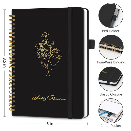 Taja Undated Weekly Planner, Weekly To Do List Notebook with Goal & Habit Tracker Organizer, A5 Weekly Planner Notebook with Spiral Binding, 6.1" x 8.2" - Black - color: d.Black