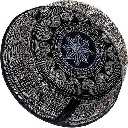 Muslim Prayer Kufi Hat for Men Boys Islamic Beanie Skull Cap Prayer Headwear Embroidery Kofia Topi Sun Hat Ramadan Eid Gift - color: Black-large