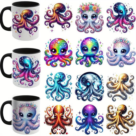 12pcs Ocean Octopus Fish UV DTF Cup Wraps Transfer Waterproof Sticker for Glass Cups Furniture Craft DIY Crafts，Rub on Transfer Stickers for DIY Water Bottle Laptop Decal Wood Car