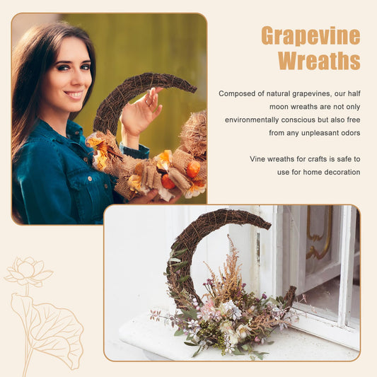 Moon Wreath - 14 Inch Crescent Moon Natural Grapevine Wreaths Base - DIY Half Moon Shaped Wreath Making Supplies for Decor - 3 Pack