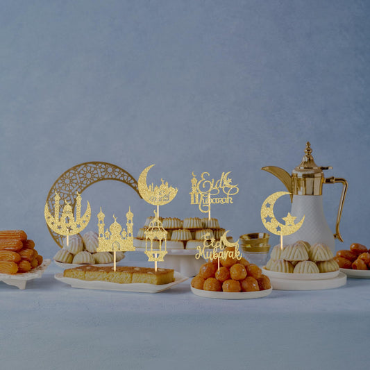 60 Pcs Eid Mubarak Cupcake Toppers,Glitter Moon Star Ramadan Kareem Cupcake Toppers for Eid Islamic Muslim Party Cake Decorations