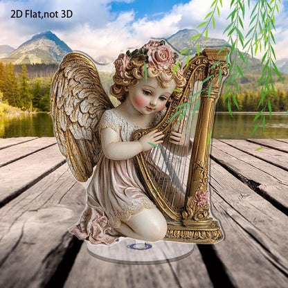 YLUYINOM 2D Flat Acrylic Display Plaque, Delicate Cherub with Golden Wings Playing A Harp Adorned with Pink Roses and Intricate Details. Rotatable, with Base - color: Picture 17
