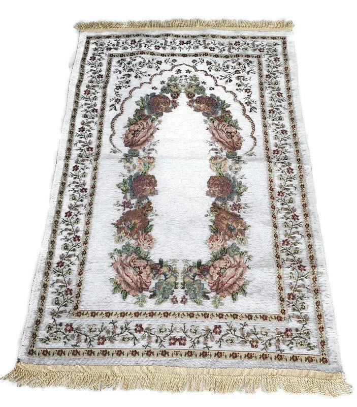 Islam Portable Sajadah Carpet Islam Thin Prayer Mat AMN-211 Floral Design Travel Rug Muslim Gift (White) - color: White