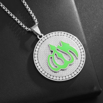 Stainless Steel Islamic Muslim Rune Allah Medal Pendant Necklace for Men Women Fashion Lucky Amulet Jewelry - color: silvery
