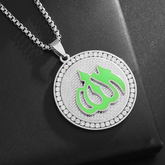 Stainless Steel Islamic Muslim Rune Allah Medal Pendant Necklace for Men Women Fashion Lucky Amulet Jewelry - color: silvery
