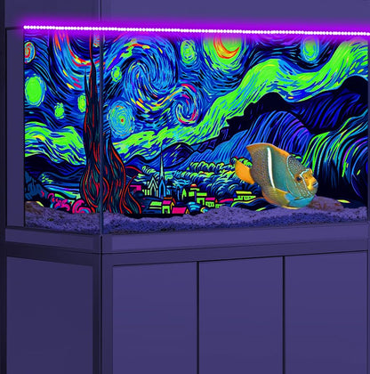 48X18IN Blacklight Vincent Van Gogh Black Light Aquarium Background, UV Fish Tank Background Art Star Oil Painting Terrarium Background with 10 EVA Double-Sided Tape - size: 48X18in/120X45cm