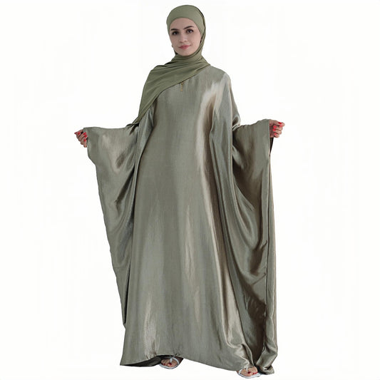 Abaya Muslim Women Dress Satin Batwing Sleeve Kaftan Maxi Arabian Dubai Islamic Ramadan Prayer Dress with Hijab Scarf - color: Olive Green