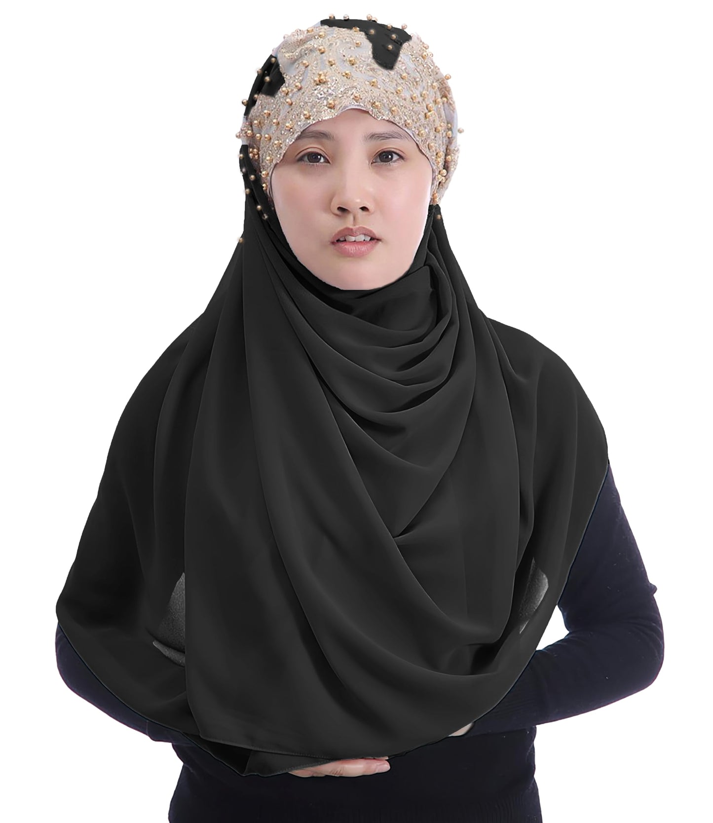 Lina & Lily Premium Chiffon Hijab Head Scarf Wrap with Gold Sequins Glitters Beads for Muslim Women - color: Black