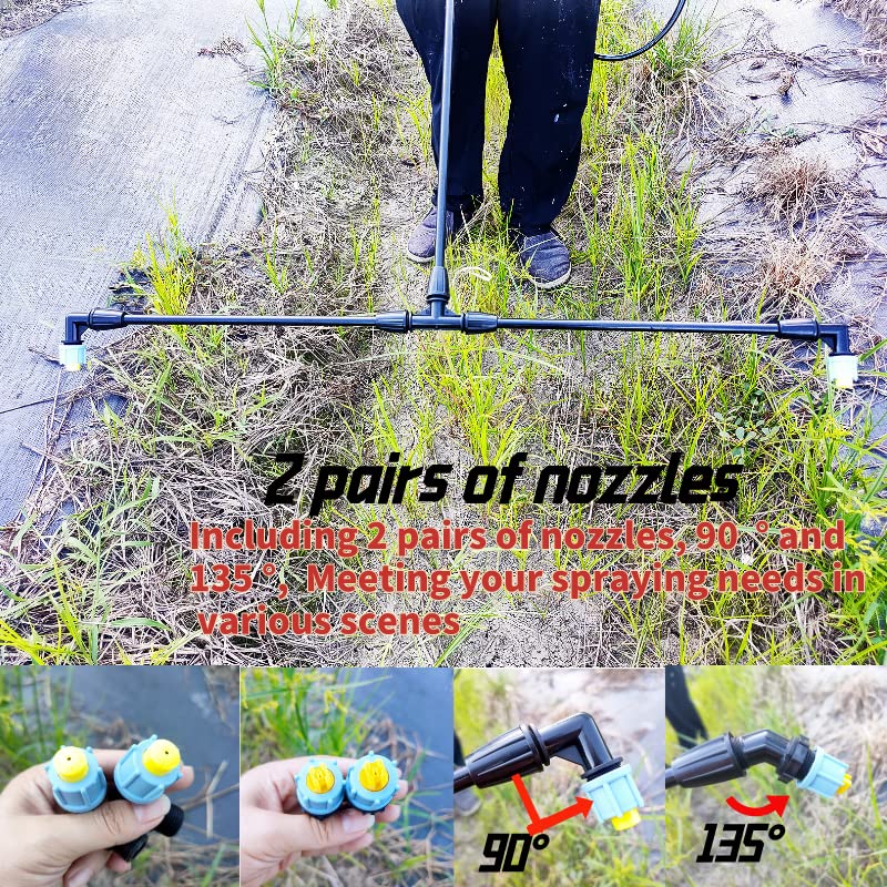 2-Nozzle Poly Boom Wand,Backpack Sprayer Multi Nozzle Spray Holder, Equipped with Cylindrical Nozzle and 110 Degree Fan Nozzle, 90 Degree Right Angle and 45 Degree Angle Spray Pattern
