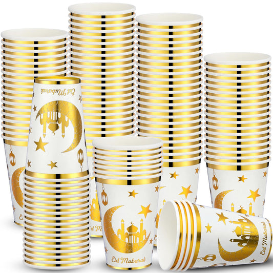Domensi 100 Pack Eid Mubarak Paper Cups Ramadan Muslim Disposable Coffee Cups Bulk Gold Foil Hot Cold Drinking Party Supplies for Eid Islamic Al Adha Decorations(White) : Health & Household