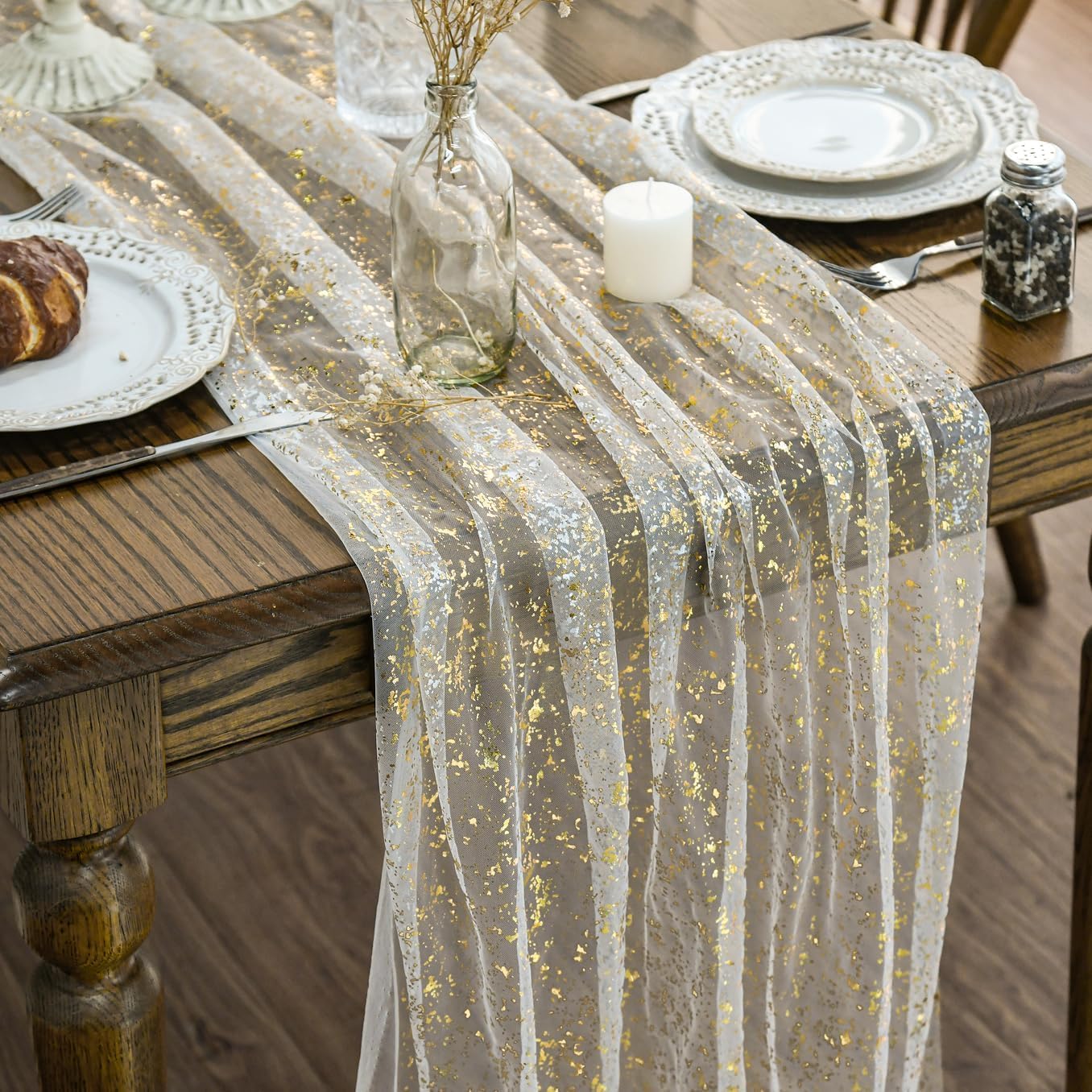 Artoid Mode Beige Gold Gauze Table Runner 120 Inch 10FT, Glitter Metallic Foil Sheer Dining Wedding Anniversary Holiday Birthday Table Decor for Home Party : Home & Kitchen