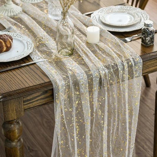 Artoid Mode Beige Gold Gauze Table Runner 120 Inch 10FT, Glitter Metallic Foil Sheer Dining Wedding Anniversary Holiday Birthday Table Decor for Home Party : Home & Kitchen