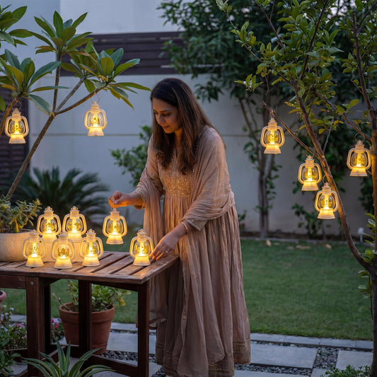 ROCEEI 12 Pcs Ramadan Eid Lantern Mini White Lanterns Decorative with LED Candles Small Eid Mubarak Decor Vintage Hanging Lantern Lights for Home Table Centerpiece Party Gift - color: White