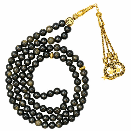 Amazing Gemstone Crystal Tasbeeh with Moon and Star Charm - Certified Crystal Muslim Prayer Beads Natural Gemstone Tasbih Gift for Ramadan Dhikr and Daily Namaz (G) - color: Gold Sheen Obsidian