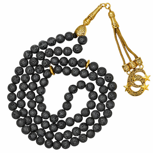 Amazing Gemstone Crystal Tasbeeh with Moon and Star Charm - Certified Crystal Muslim Prayer Beads Natural Gemstone Tasbih Gift for Ramadan Dhikr and Daily Namaz (G) - color: Lava Stone