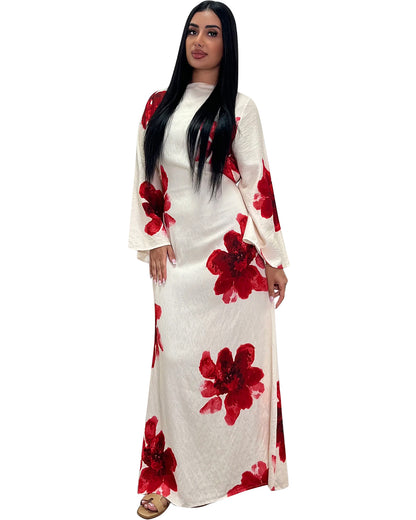 Women Butterfly Abaya Elegant Prayer Dress with Bell Sleeve, Waist Tie, Stylish Floral Printed Maxi Robe - color: Navy, size: Small