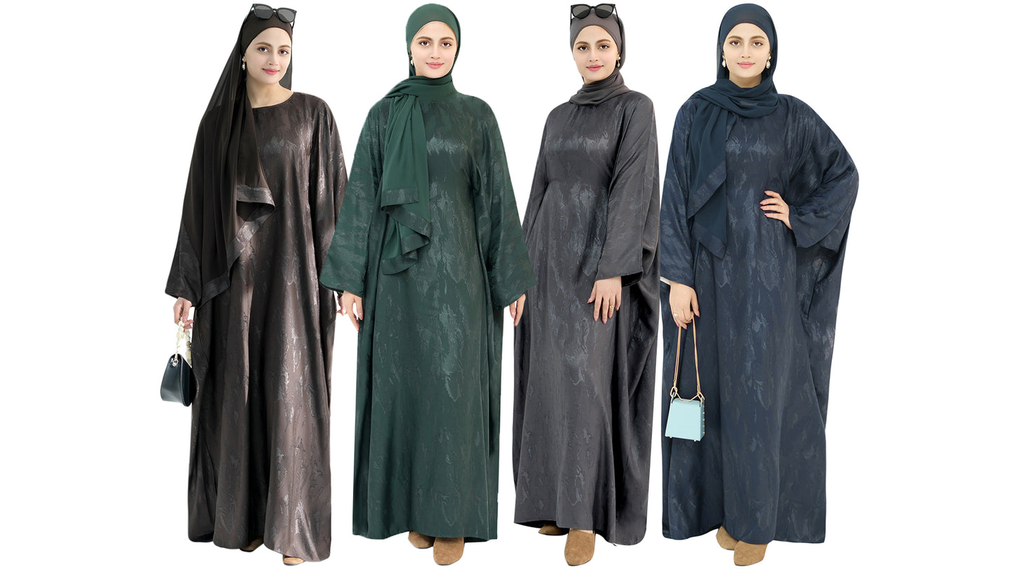 khalat Abaya Muslim Dress Women Satin Jacquard Prayer Dress Batwing Long Sleeve Islamic Dubai Robe with Chiffon Hijab - color: Black
