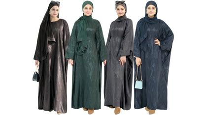 khalat Abaya Muslim Dress Women Satin Jacquard Prayer Dress Batwing Long Sleeve Islamic Dubai Robe with Chiffon Hijab - color: Black